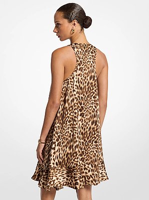 Robe fronc&eacute;e &agrave; volants en satin &agrave; imprim&eacute; l&eacute;opard