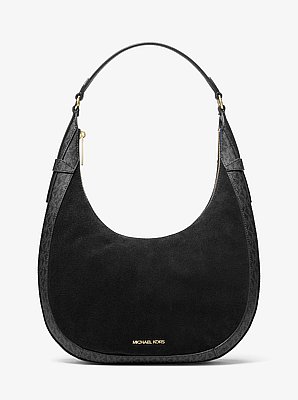 Schultertasche Preston Large in Halbmondform aus Wildleder und Signature-Logostoff