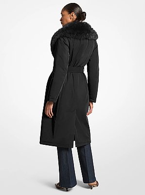Manteau ceintur&eacute; &agrave; col en fausse fourrure tiss&eacute;e