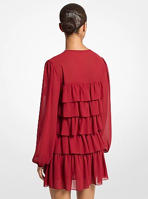 Ruffled Georgette Tie-Neck Dress