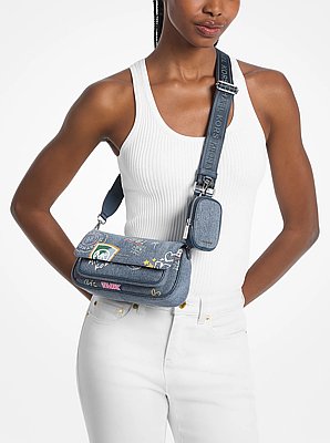 Jet Set Travel Small Embellished Denim Crossbody Bag With Pouch