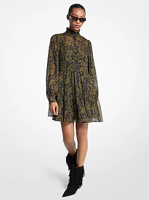 Metallic Paisley Print Georgette Mini Dress