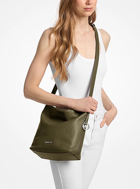 Roey Medium Pebbled Leather Bucket Messenger Bag