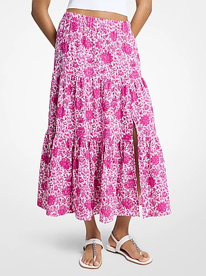 Floral Print Linen Blend Tiered Skirt