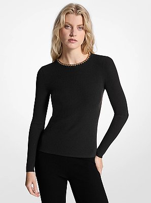 Gerippter Pullover aus Viskosemischung mit Kettendetail
