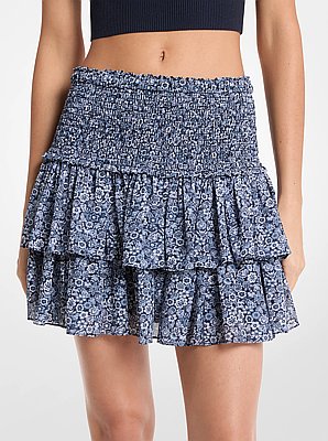 Floral Print Georgette Smocked Mini Skirt