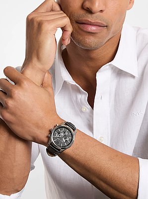 Oversized Lexington Silver-Tone and Leather Watch