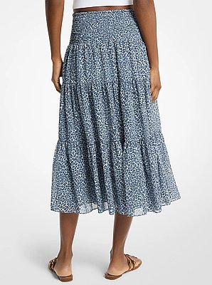 Leopard Print Georgette Tiered Midi Skirt