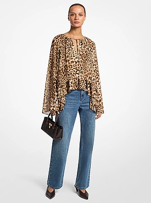 Vokuhila-Bluse aus Georgette mit Leopardenmuster