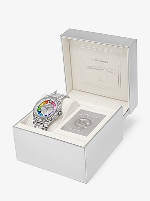 PRIDE Limited-Edition Oversized Raquel Rainbow Pav&eacute; Silver-Tone Watch