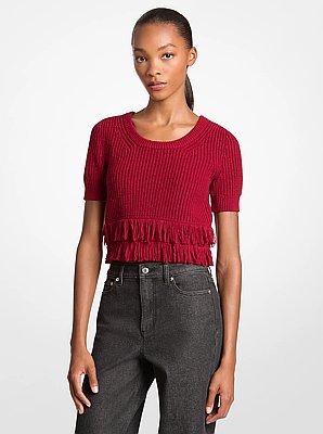Fringed Knit Short-Sleeve Sweater
