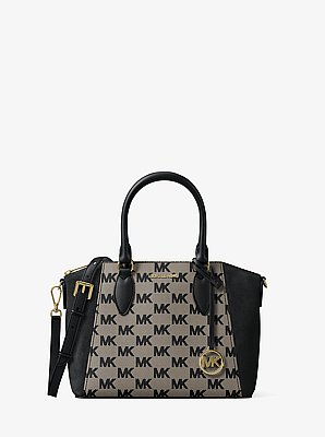 Bolso satchel Sienna peque&ntilde;o de piel y jacquard con logotipo