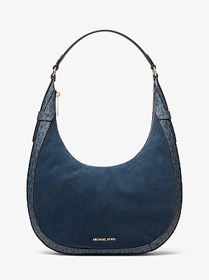 Schultertasche Preston Large in Halbmondform aus Wildleder und Signature-Logostoff