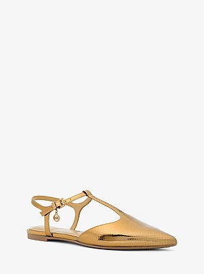 Cherie Snake Embossed Metallic Leather T-Strap Flat