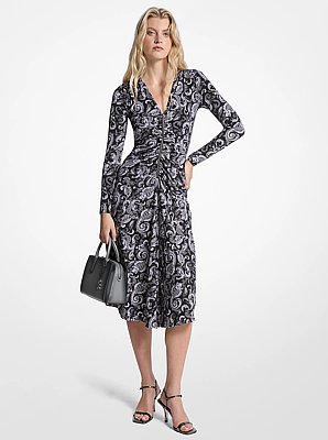 Paisley Print Matte Jersey Ruched Dress