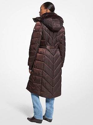 Faux Fur Trim Belted Puffer Coat