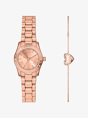 Petite Lexington Pav&eacute; Rose Gold-Tone Watch and Heart Bracelet Gift Set