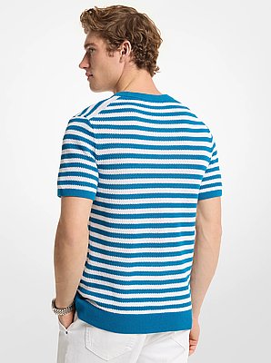 Striped Mesh Cotton Short-Sleeve Sweater