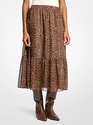 Leopard Print Tiered Midi Skirt