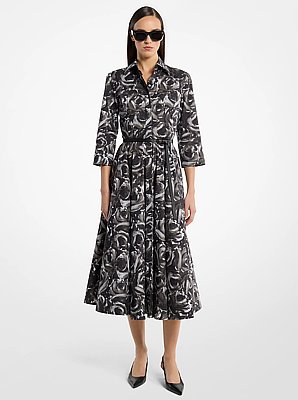 Floral Cotton Poplin Belted Quarter-Sleeve Shirtdress
