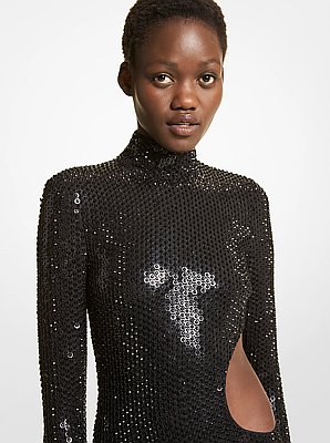 Vestido largo de cady el&aacute;stico con aberturas y cristales bordados a mano