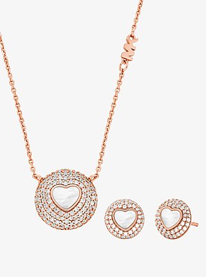 Precious Metal-Plated Pav&eacute; and Mother-of-Pearl Heart Jewelry Gift Set