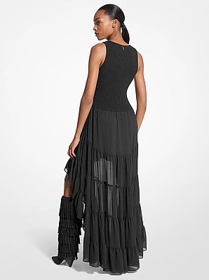 Abito asimmetrico in georgette con arricciature