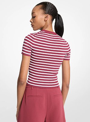Striped Stretch Knit Short-Sleeve Sweater