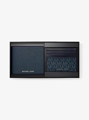Pebbled Leather Billfold Wallet and Signature Logo Card Case Gift Set