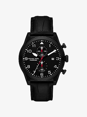 Reloj Panorama oversize en tono negro y piel con motivo de cocodrilo en relieve