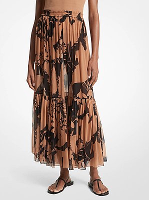 Shadow Floral Silk Chiffon Tiered Skirt