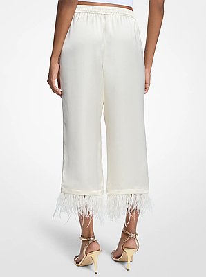 Pantalon de pyjama en satin &agrave; garniture de plumes