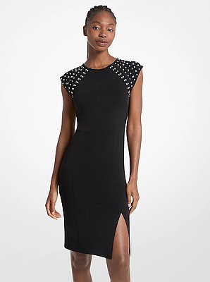 Studded-Sleeve Stretch Matte Jersey Dress