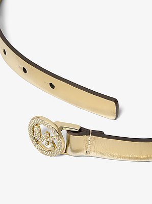 Cintura in pelle metallizzata con logo e pav&eacute;