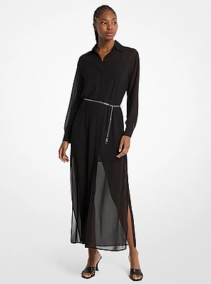 Robe chemisier en cr&ecirc;pe georgette &agrave; ceinture