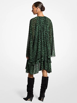 Vestido asim&eacute;trico de georgette con volantes y estampado de leopardo