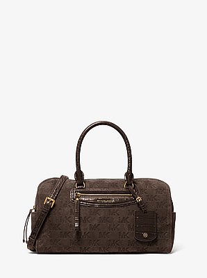 Jet Set Travel Medium Logo Embossed Suede Duffel Crossbody Bag