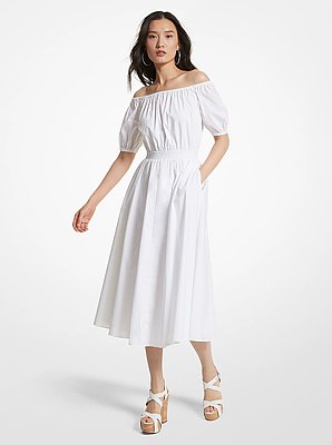 Vestido de popelina el&aacute;stica de algod&oacute;n org&aacute;nico con hombros descubiertos