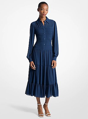 Robe chemisier en georgette &agrave; smocks