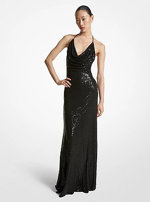 Vestido largo de viscosa con lentejuelas bordadas a mano y escote holgado