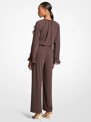 Combinaison ceintur&eacute;e en jersey mat extensible &agrave; volants