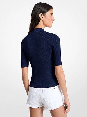 Geripptes Poloshirt aus Stretch-Viskose mit Schn&uuml;rung