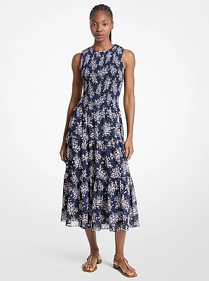Floral Print Smocked Georgette Midi Dress