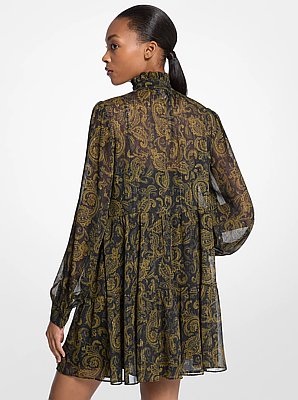 Metallic Paisley Print Georgette Mini Dress