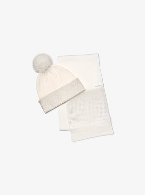 Embellished Knit Beanie Hat and Scarf Set