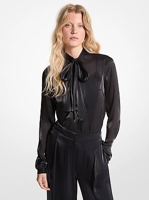 Crinkled Metallic Georgette Tie-Neck Blouse