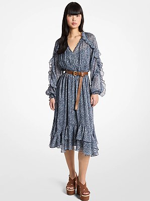 Ruffled Metallic Floral Print Georgette Midi Dress