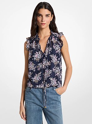 Floral Print Georgette Tie-Neck Blouse