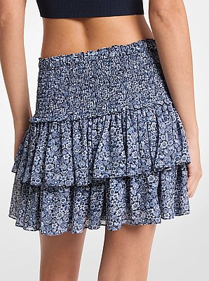 Floral Print Georgette Smocked Mini Skirt