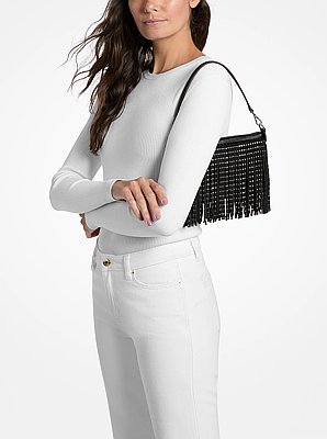 Petite pochette-bracelet Jet Set Travel en microsu&egrave;de de polyester &agrave; clous et &agrave; franges